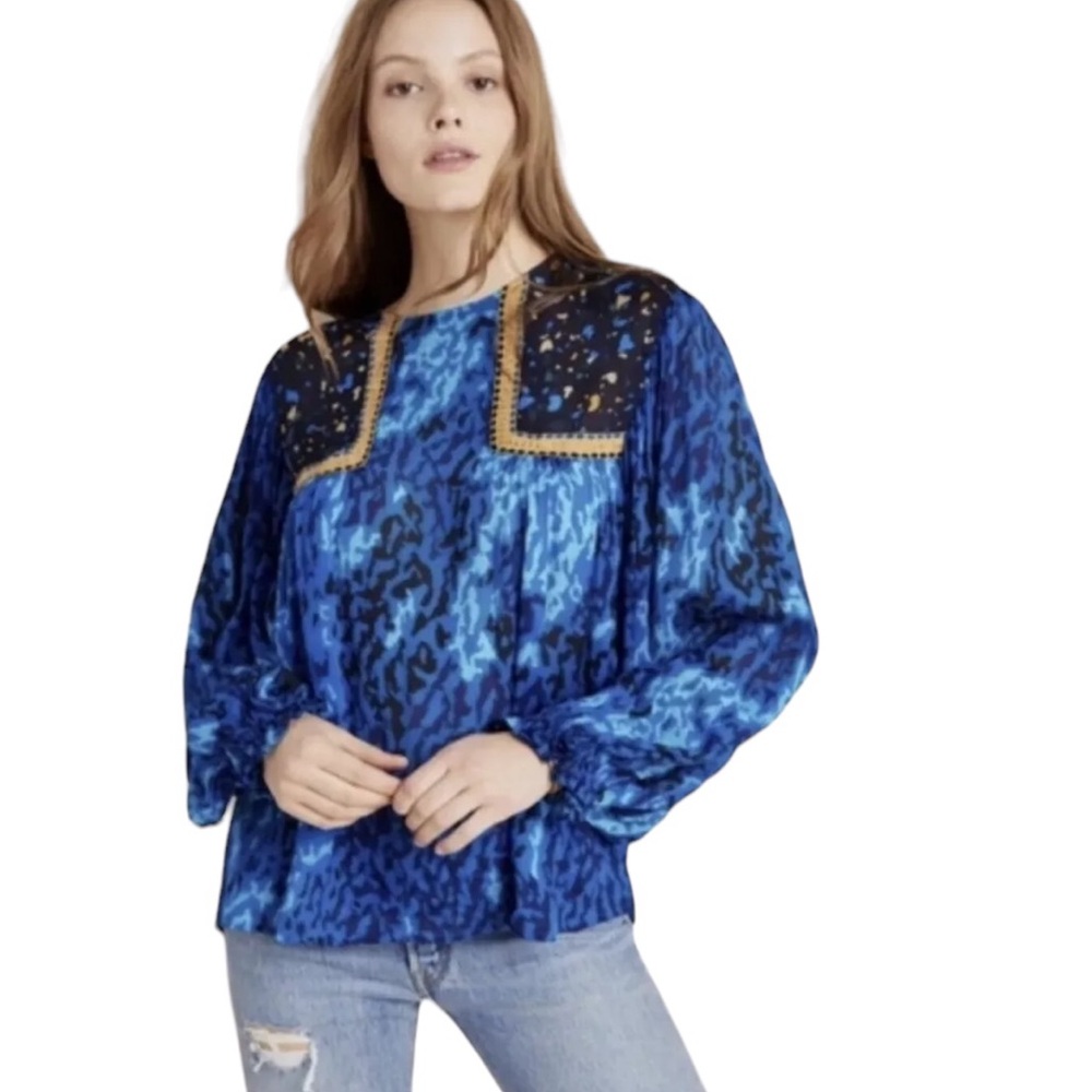 NEW Anthropologie Bl^nk London Blue Print L/S Peasant Blouse Petite XS